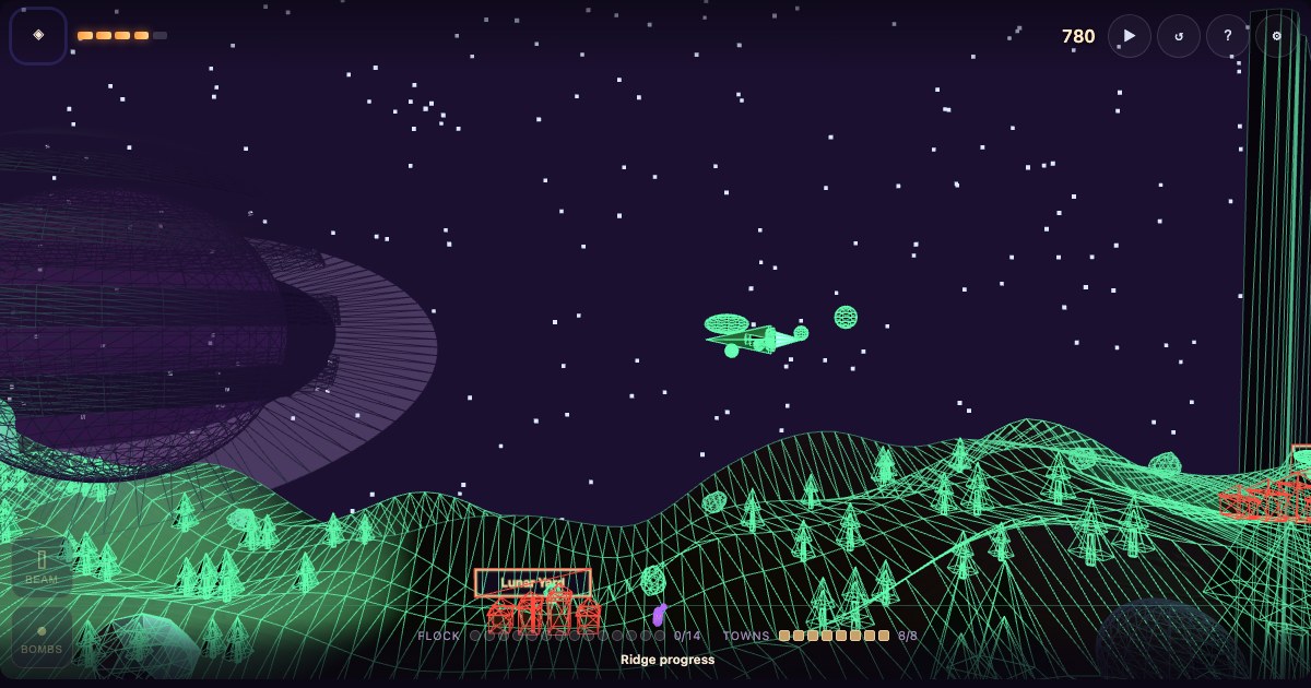The run home, seen through Concordance instruments: the whole world drawn as a glowing green wireframe on black, with a ridge town outlined in red and a survivor in purple, and the stolen harvester flying above it.